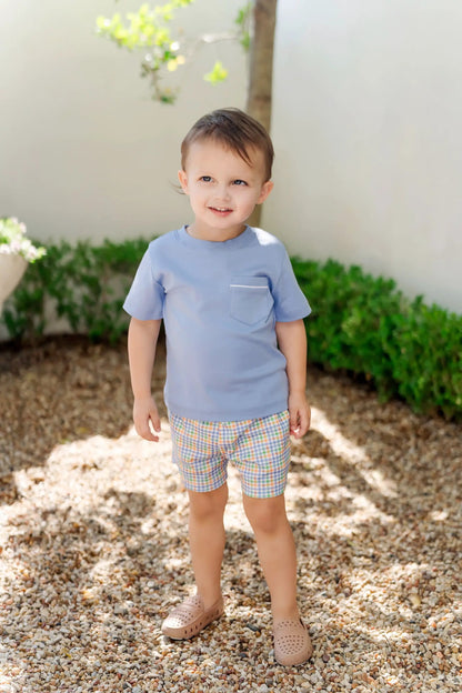 Lila & Hayes Boys Walker Shorts Set - Blue & Orange Harvest Gingham