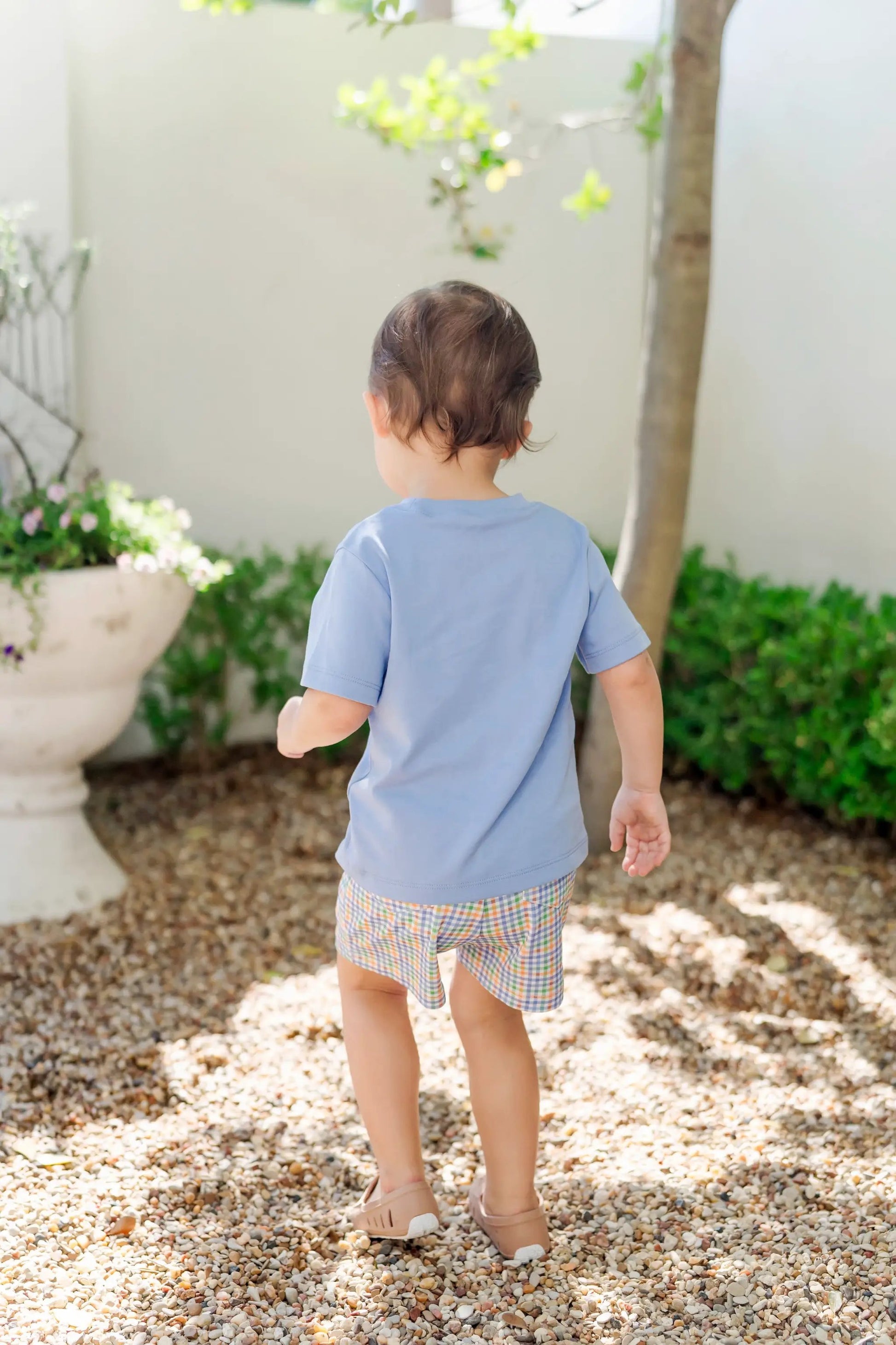 Lila & Hayes Boys Walker Shorts Set - Blue & Orange Harvest Gingham