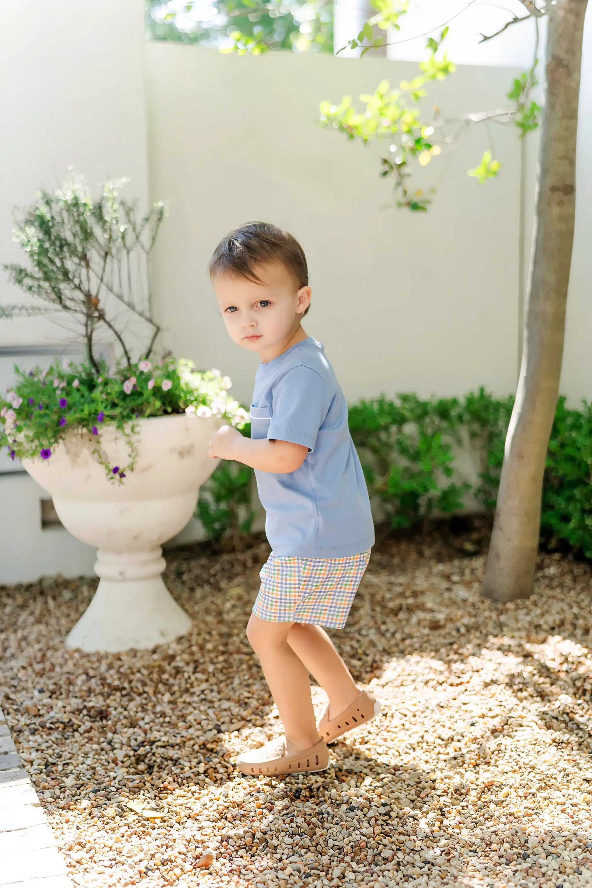 Lila & Hayes Boys Walker Shorts Set - Blue & Orange Harvest Gingham
