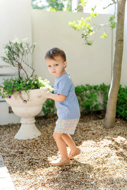 Lila & Hayes Boys Walker Shorts Set - Blue & Orange Harvest Gingham