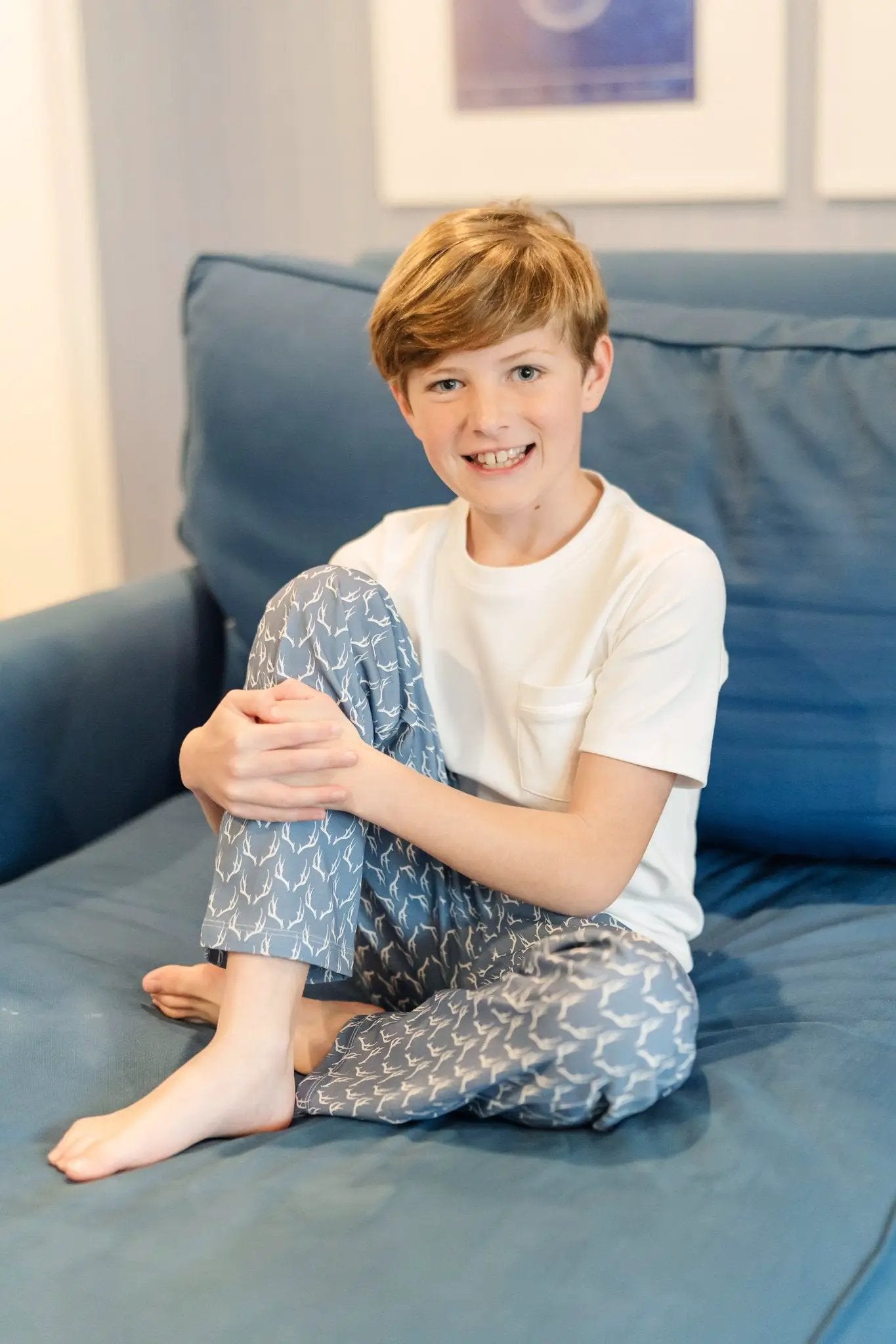 Lila & Hayes Boys Beckett Hang Out Lounge Pants - Blue Rustic Antlers by Lila & Hayes