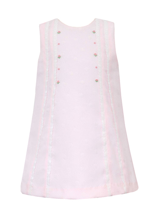 Anavini Pink Pique Sleeveless A-Line Dress with Swiss Eyelet and Embroidered Flowers by Anavini