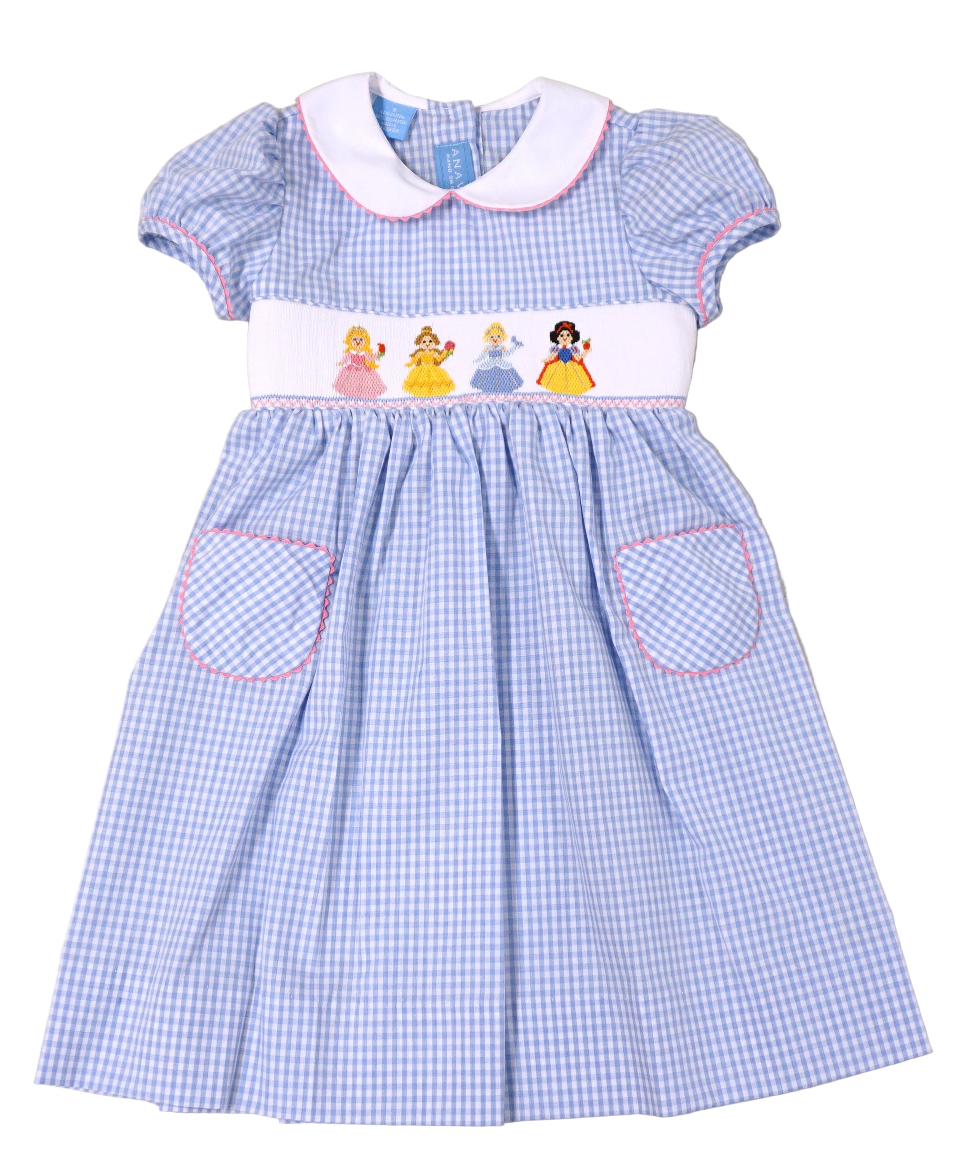 Anavini Girls Blue Gingham Smocked Princess Dress with Collar