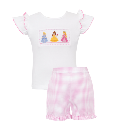 Anavini Girls Pink Check Ruffle Shorts with Smocked Princess Top