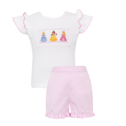 Anavini Girls Pink Check Ruffle Shorts with Smocked Princess Top
