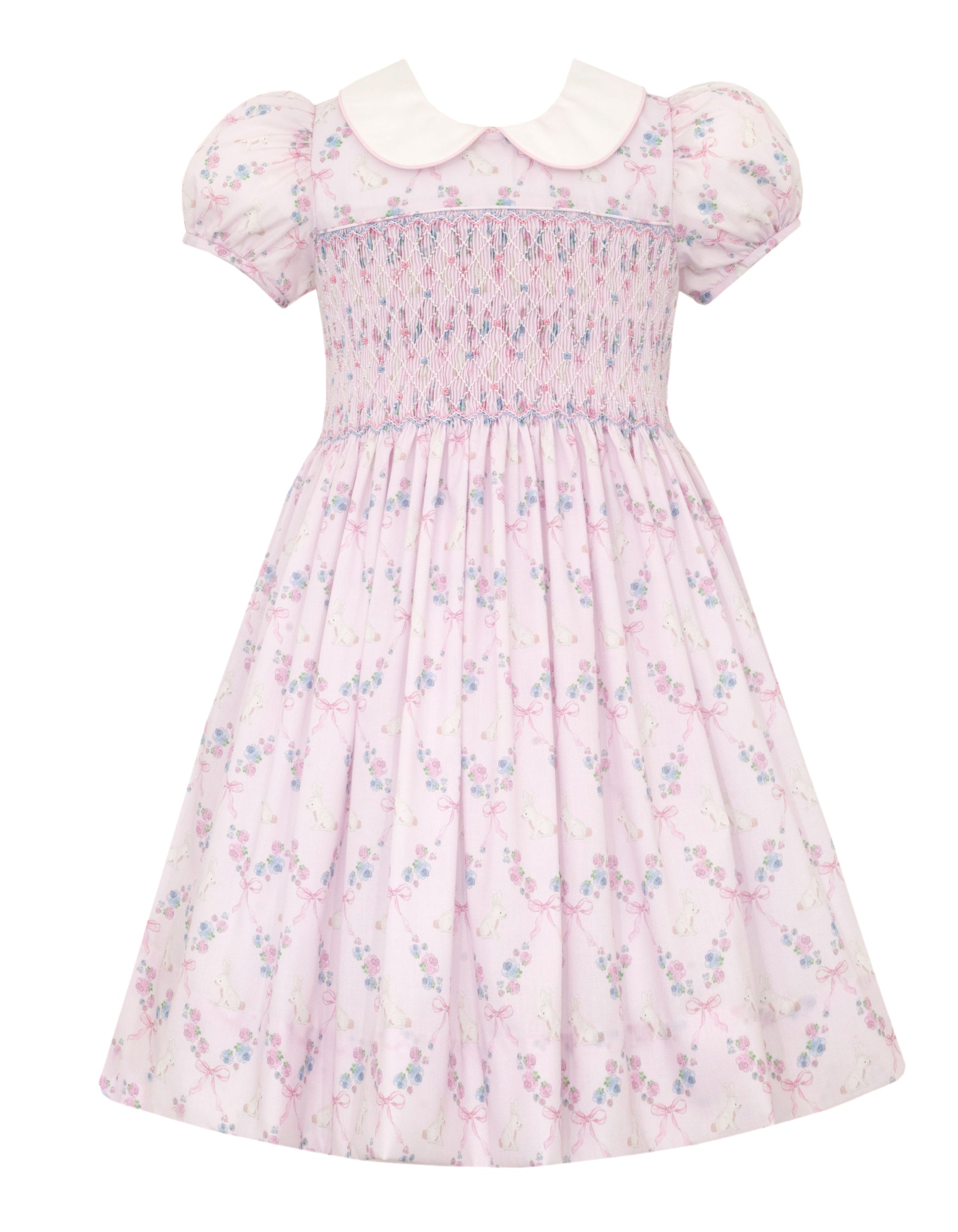 Anavini Couture Girls Pink Bunny Print Dress - Fully Smocked Bodice