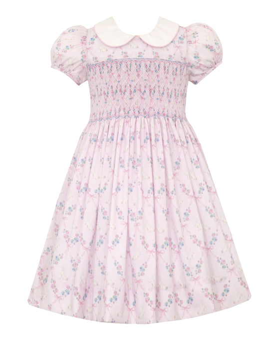 Anavini Girls Pink Bunny Print Smocked Dress by Anavini