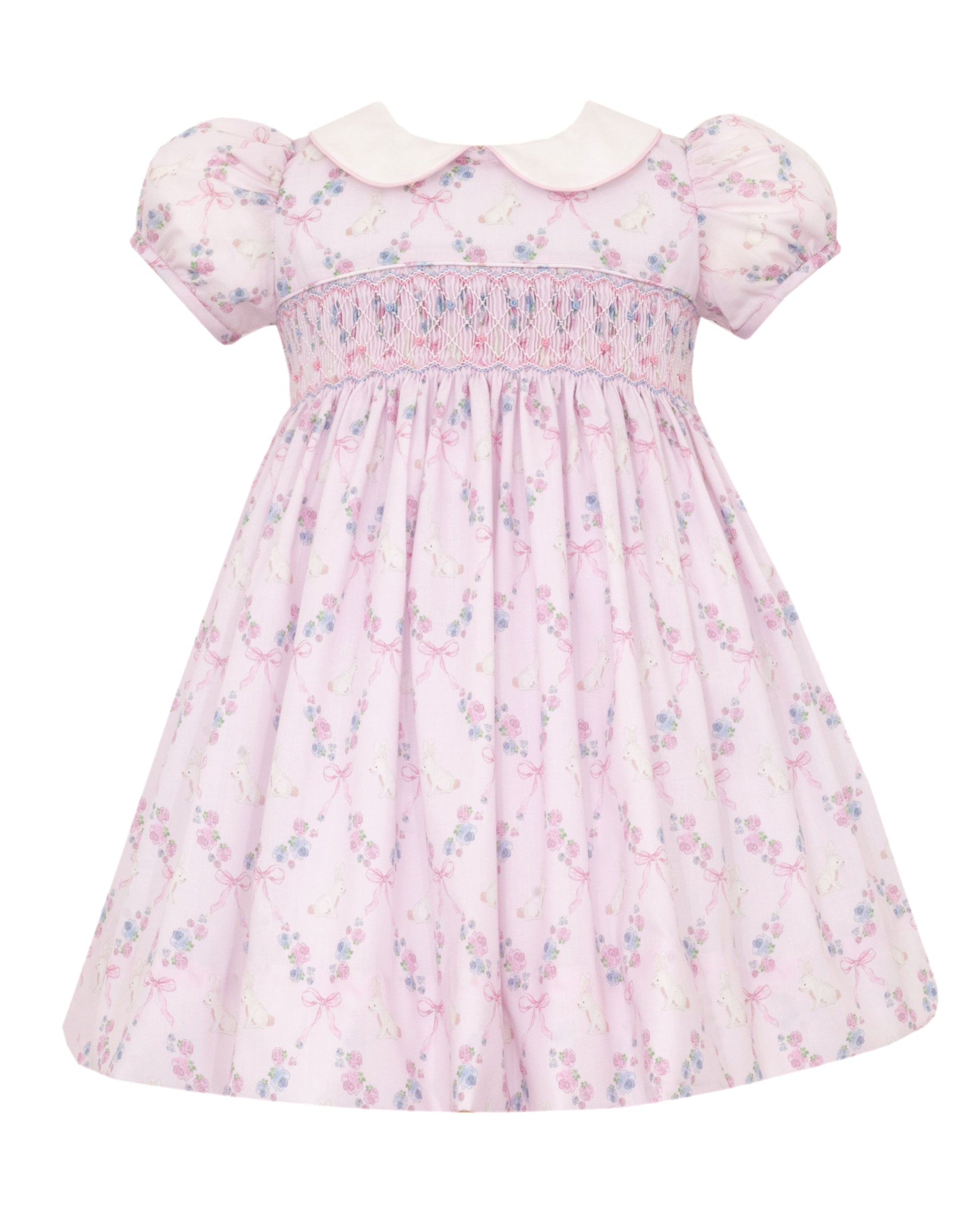 Anavini Couture Girls Pink Bunny Print Smocked Float Dress