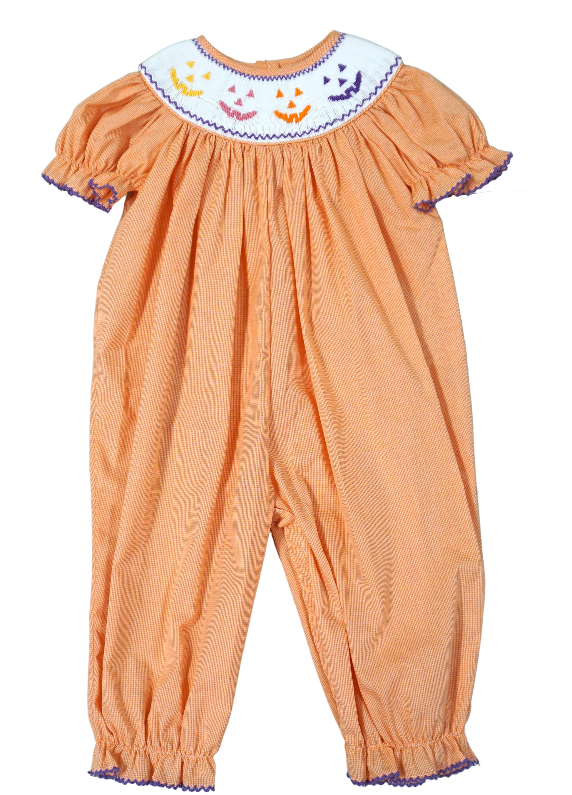 Anavini Velani Baby Girls Orange Check Smocked Jack O'Lantern Faces Romper