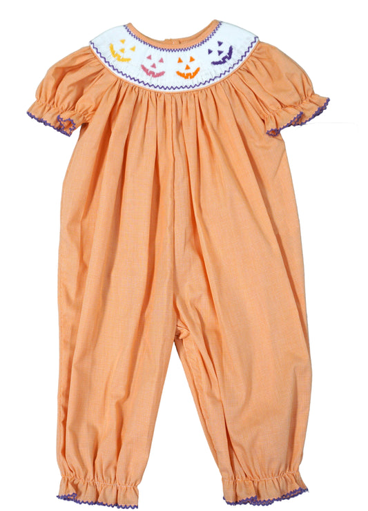 Anavini Velani Baby Girls Orange Check Smocked Jack O'Lantern Faces Romper by Anavini