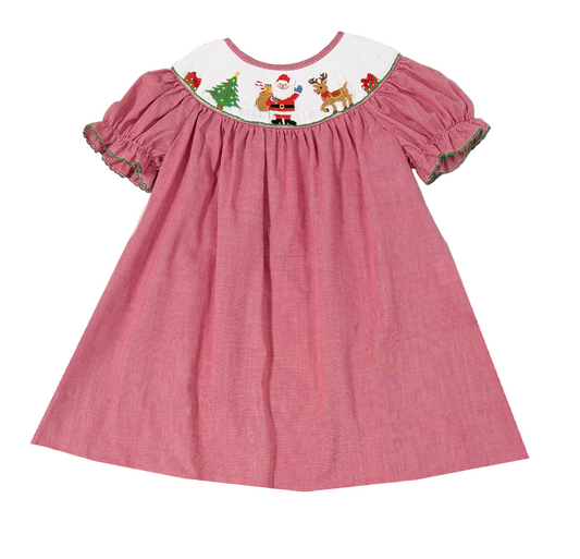 Anavini Velani Girls Red Microcheck Smocked Santa Bishop Dress by Anavini