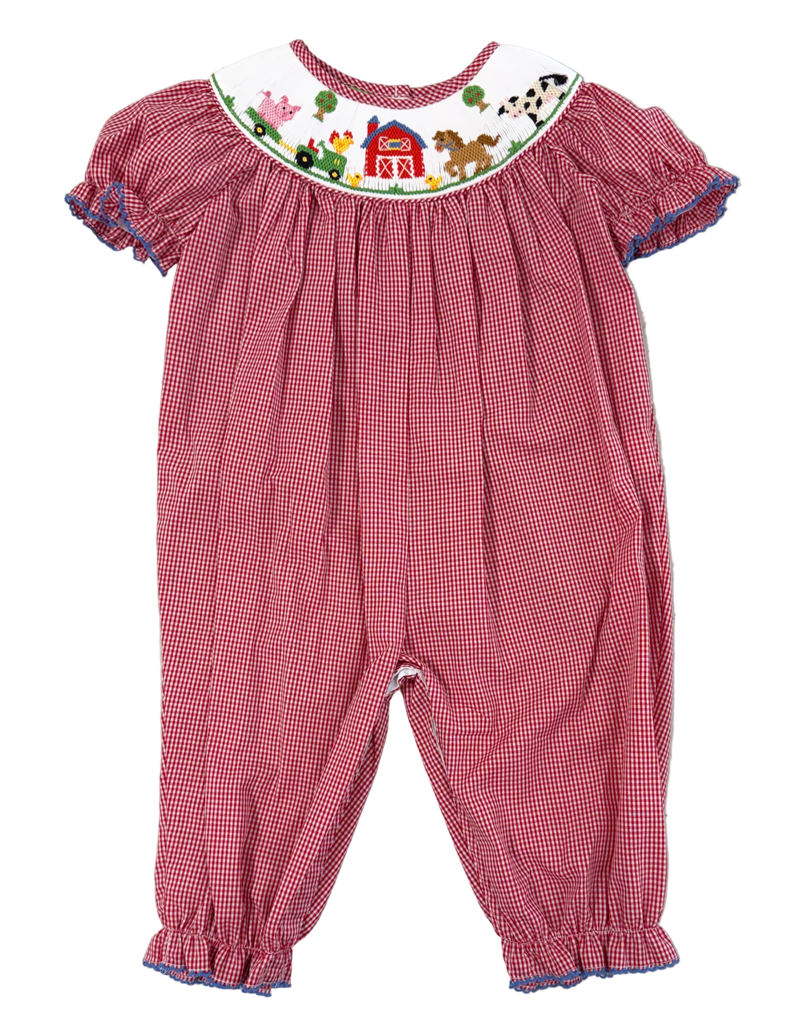 Anavini Girls Red Gingham Long Romper - Smocked Farm Animals by Anavini