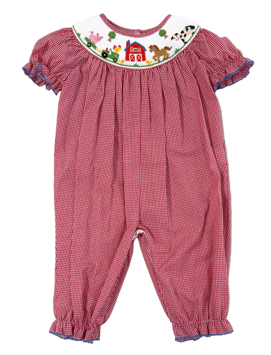 Anavini Girls Red Gingham Long Romper - Smocked Farm Animals by Anavini