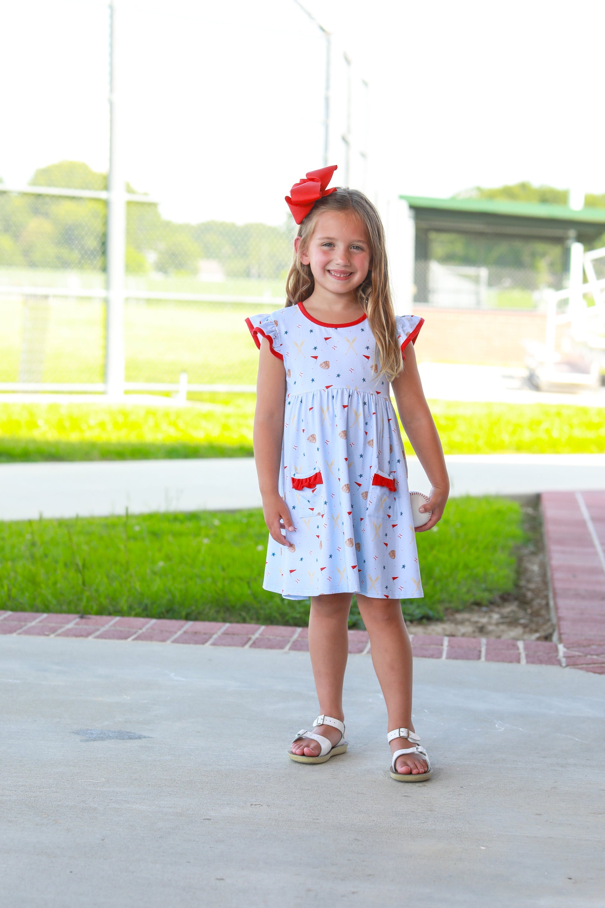 Trotter Street Kids Girls Blue & Red All Star Baseball Print Dress
