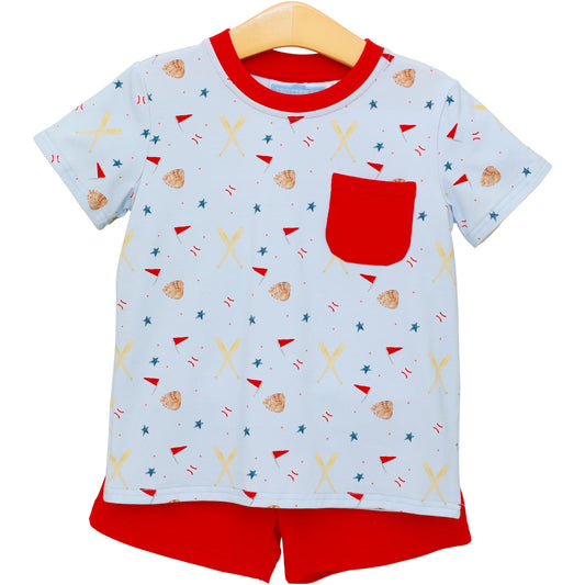 Trotter Street Kids Boys Red Shorts with Blue All Star Baseball Print Shirt by Trotter Street Kids