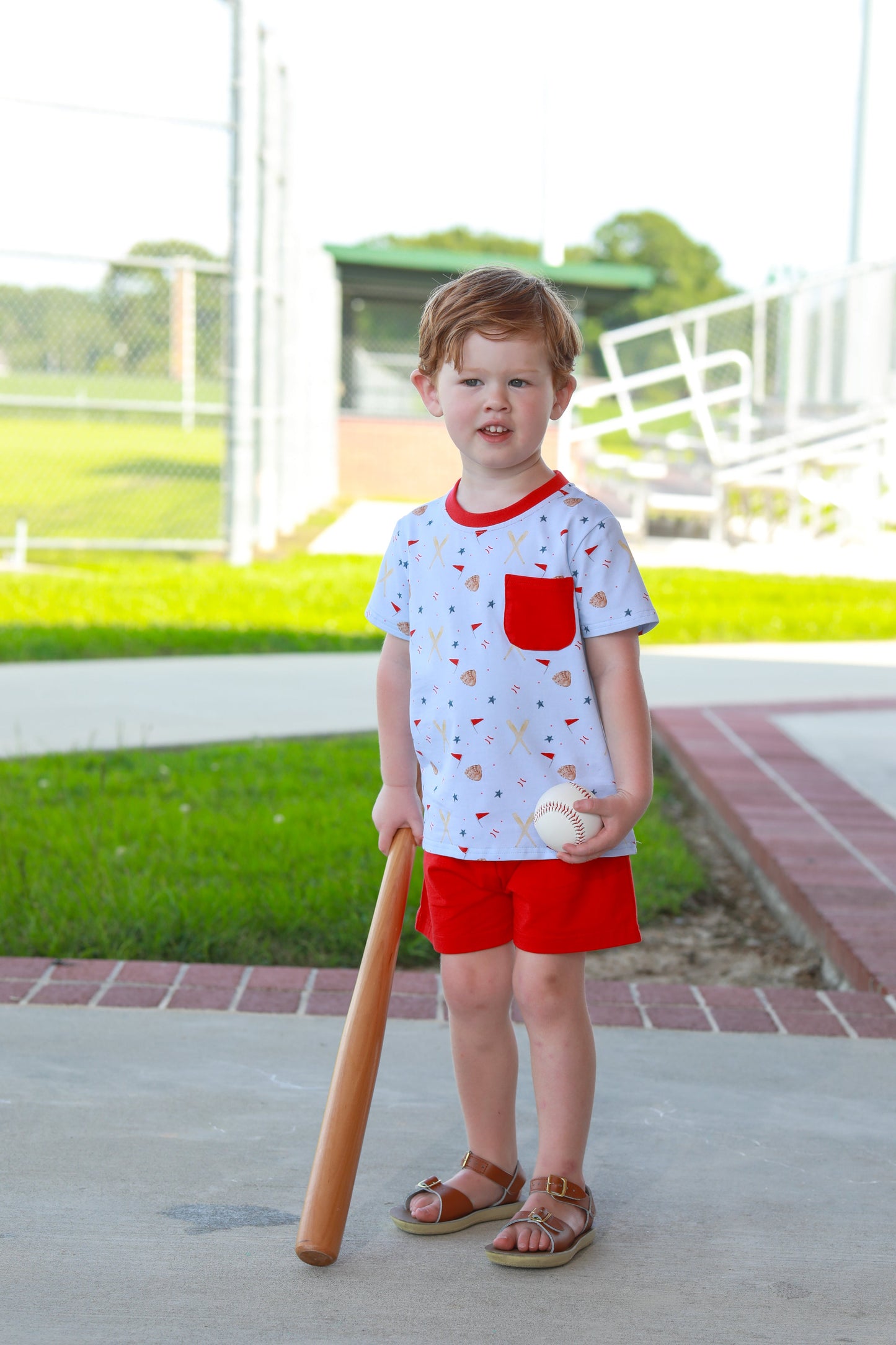 Trotter Street Kids Boys Red Shorts with Blue All Star Baseball Print Shirt by Trotter Street Kids