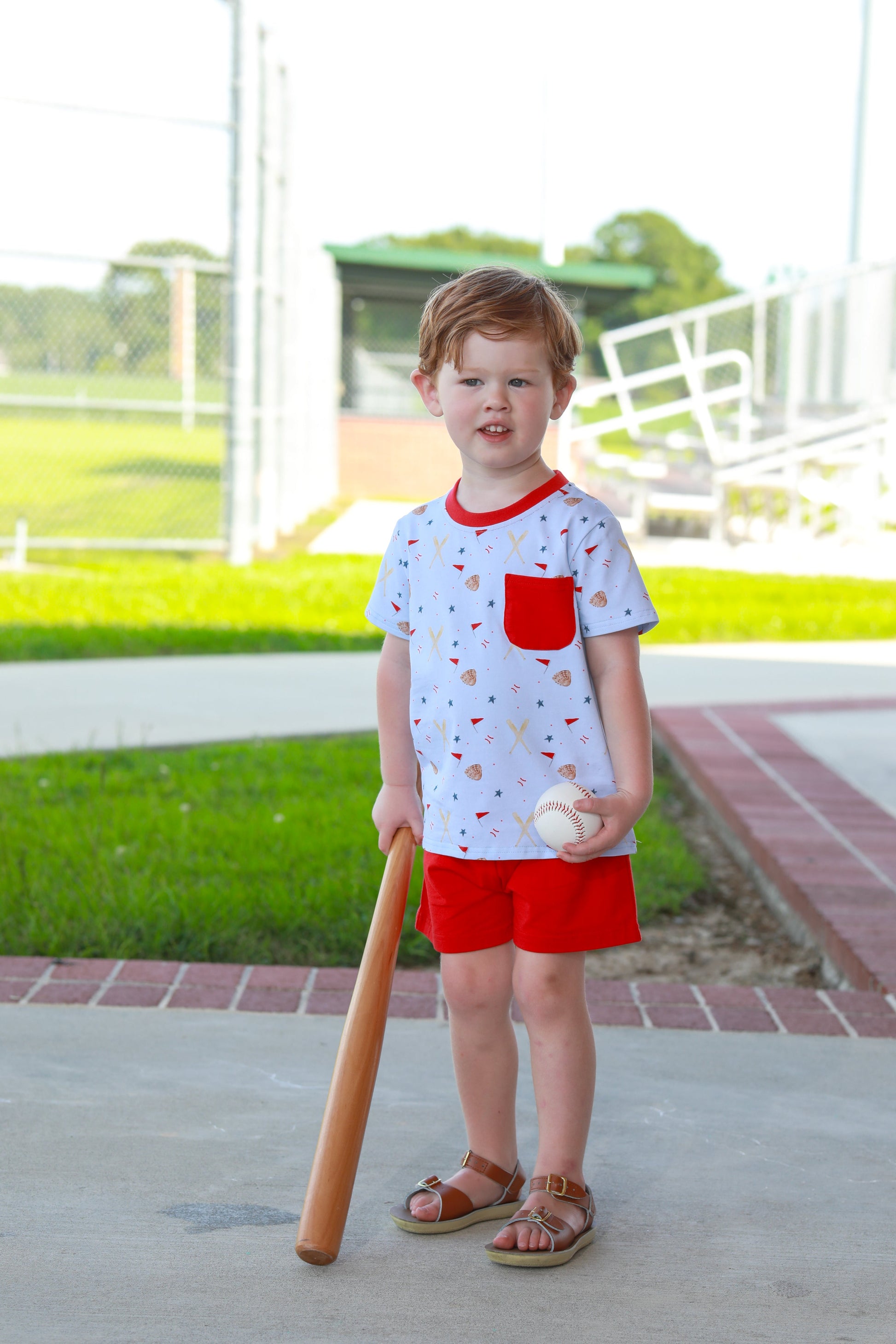 Trotter Street Kids Boys Red Shorts with Blue All Star Baseball Print Shirt