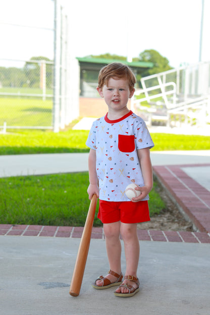 Trotter Street Kids Boys Red Shorts with Blue All Star Baseball Print Shirt by Trotter Street Kids