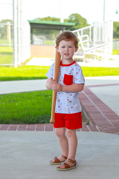 Trotter Street Kids Boys Red Shorts with Blue All Star Baseball Print Shirt by Trotter Street Kids