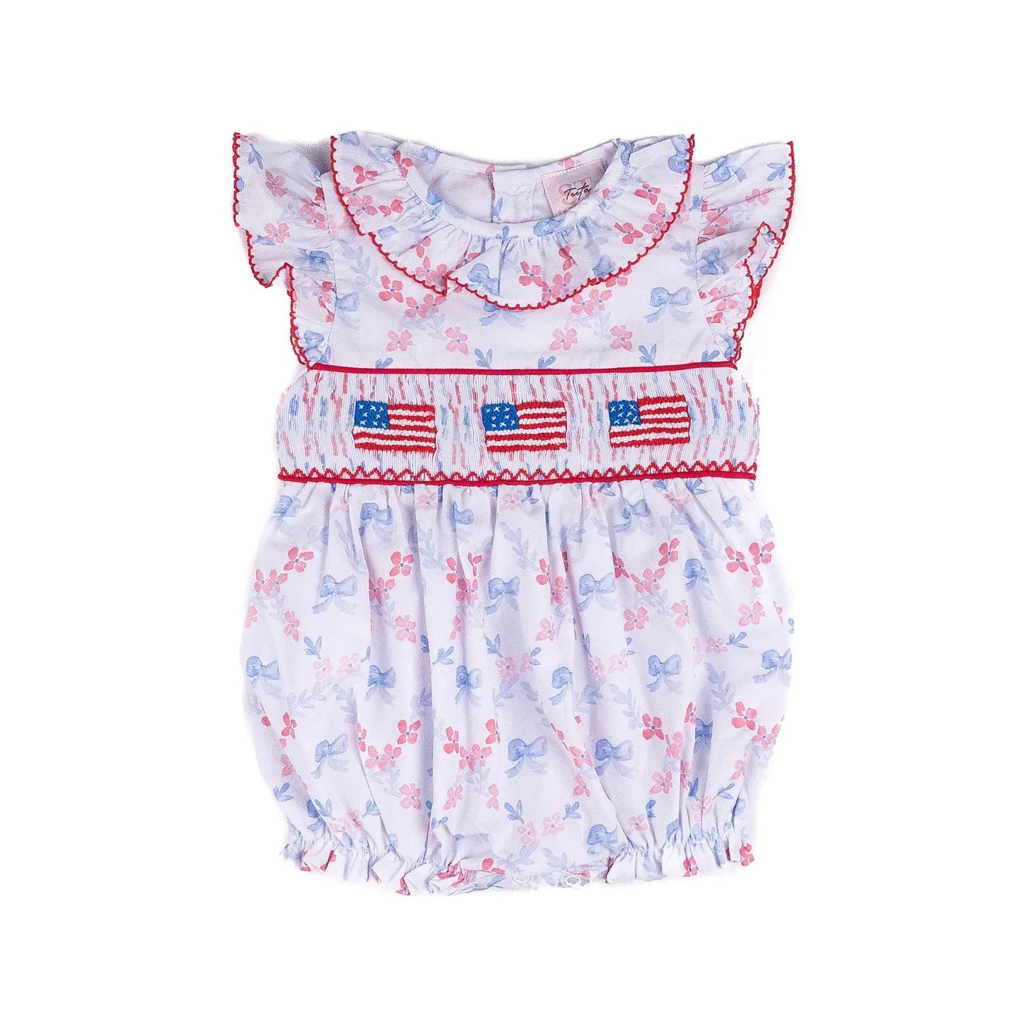 Shop Teeta Girls Annie Bubble - Patriotic Bows Print - Smocked USA Flags by Shop Teeta