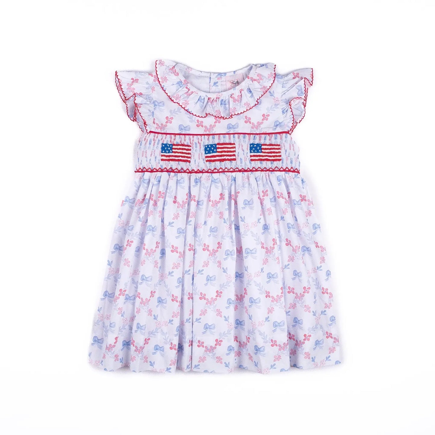 Shop Teeta Girls Ally Dress - Patriotic Bows Print - Smocked USA Flags by Shop Teeta