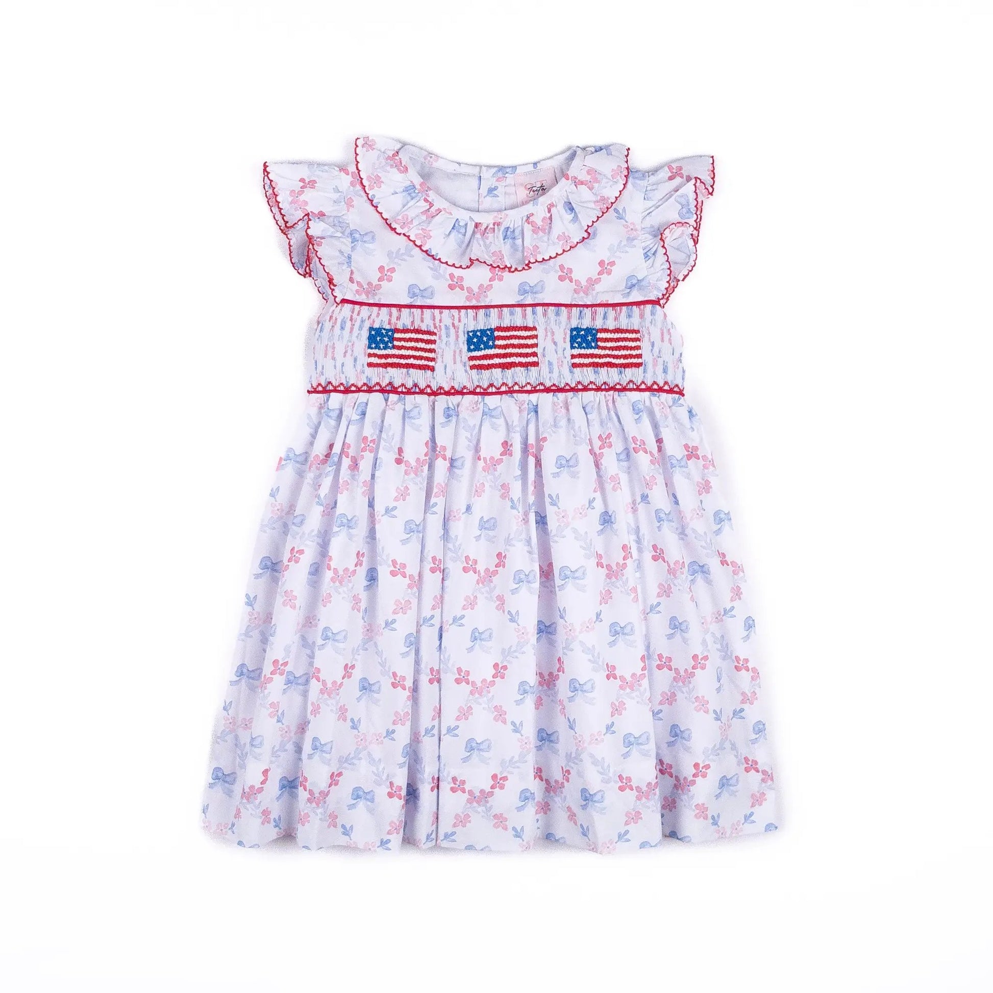 Shop Teeta Girls Ally Dress - Patriotic Bows Print - Smocked USA Flags
