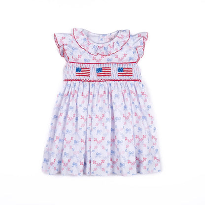 Shop Teeta Girls Ally Dress - Patriotic Bows Print - Smocked USA Flags by Shop Teeta