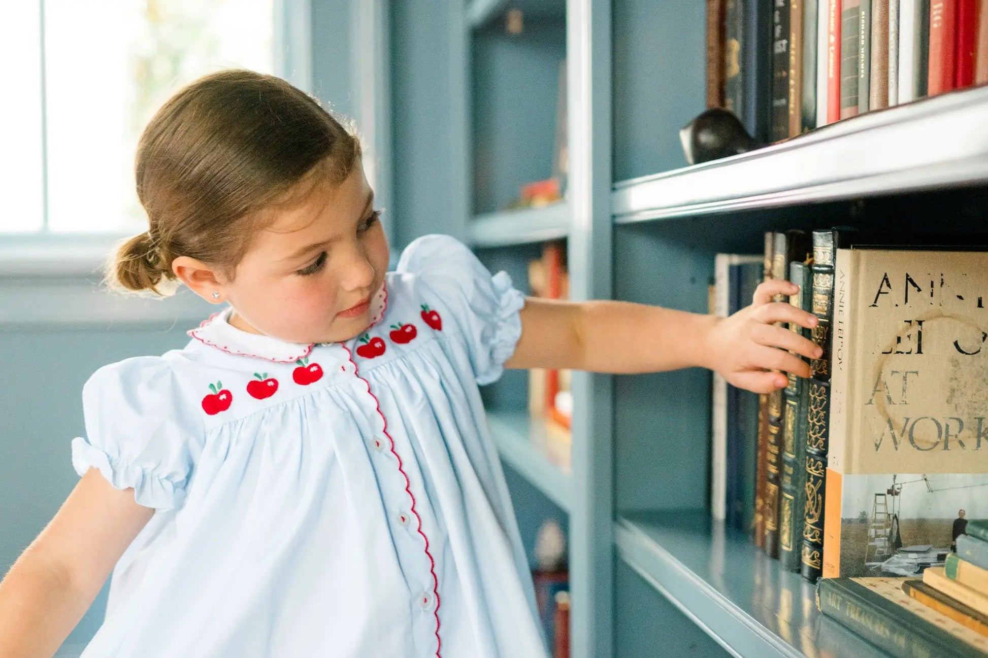Proper Peony Girls Blue Back to School Andover Apples Dress