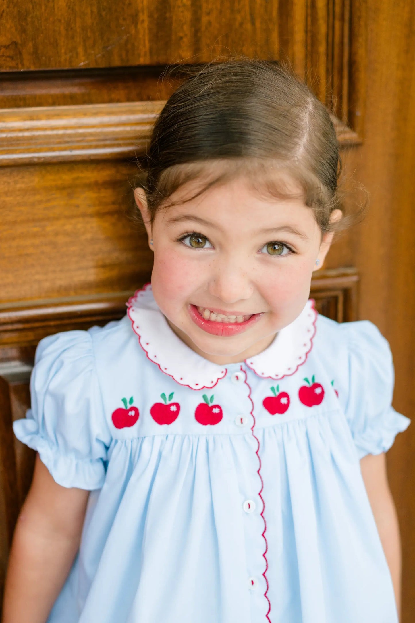 Proper Peony Girls Blue Back to School Andover Apples Dress by Proper Peony
