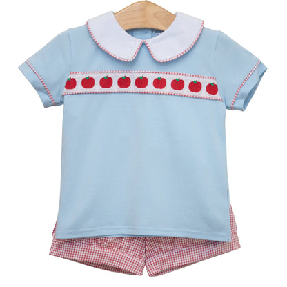 Trotter Street Kids Boys Blue Banded Shorts Set - Red Apple Ribbon