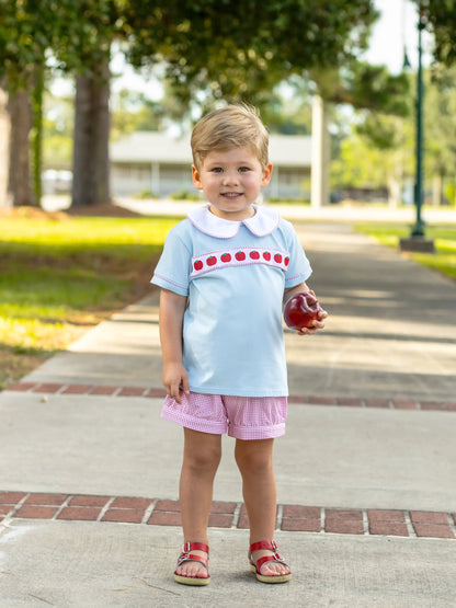 Trotter Street Kids Boys Blue Banded Shorts Set - Red Apple Ribbon