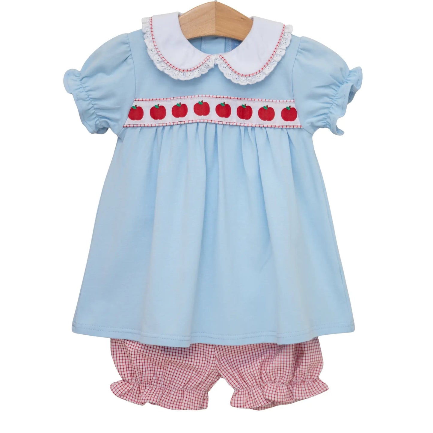 Trotter Street Kids Girls Blue Bloomers Set - Red Apple Ribbon