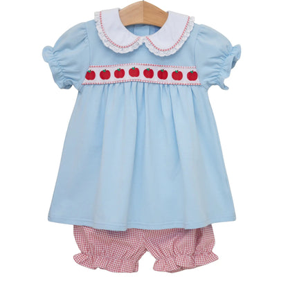 Trotter Street Kids Girls Blue Bloomers Set - Red Apple Ribbon