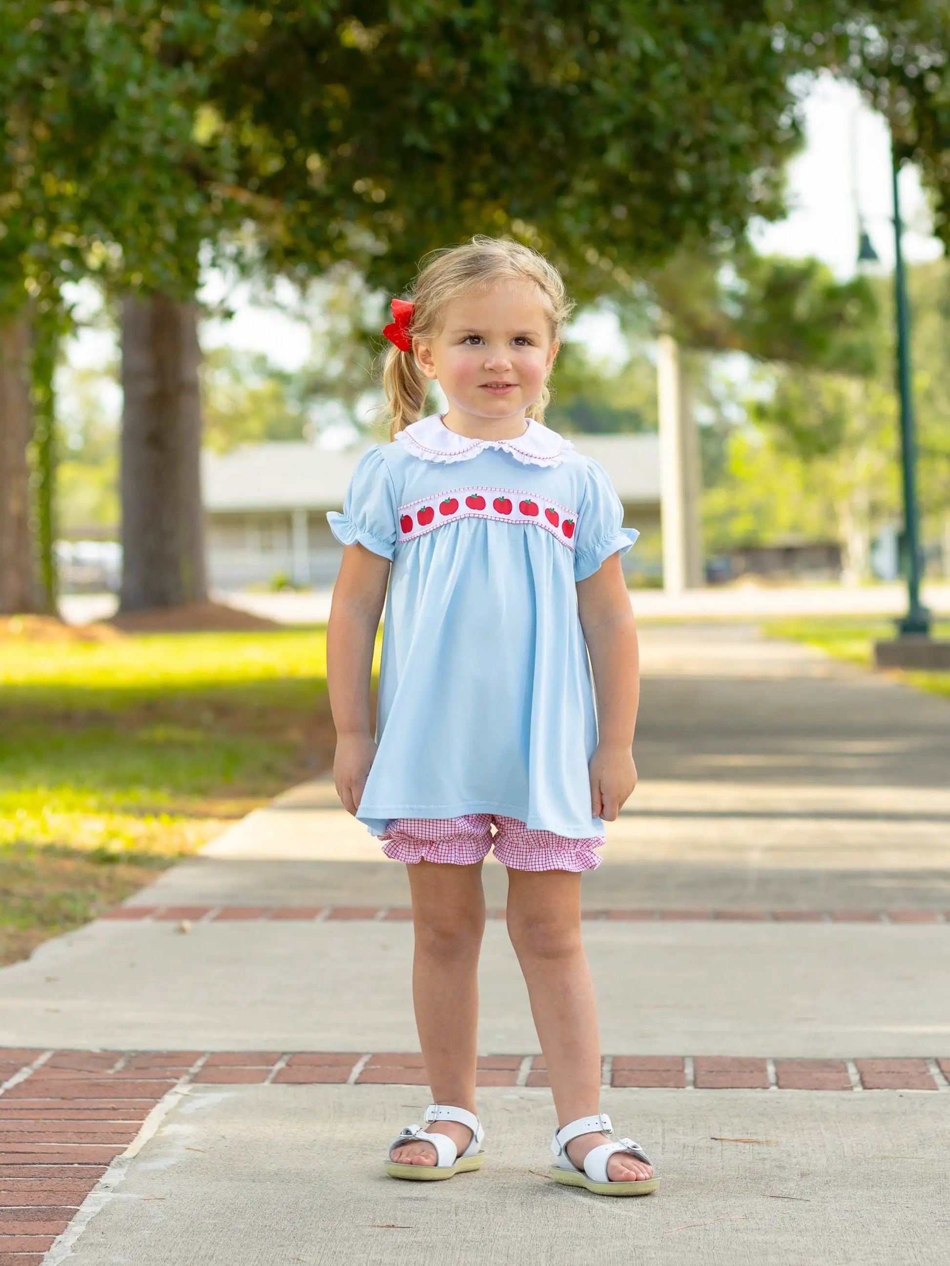 Trotter Street Kids Girls Blue Bloomers Set - Red Apple Ribbon