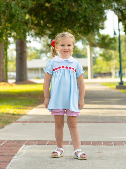 Trotter Street Kids Girls Blue Bloomers Set - Red Apple Ribbon