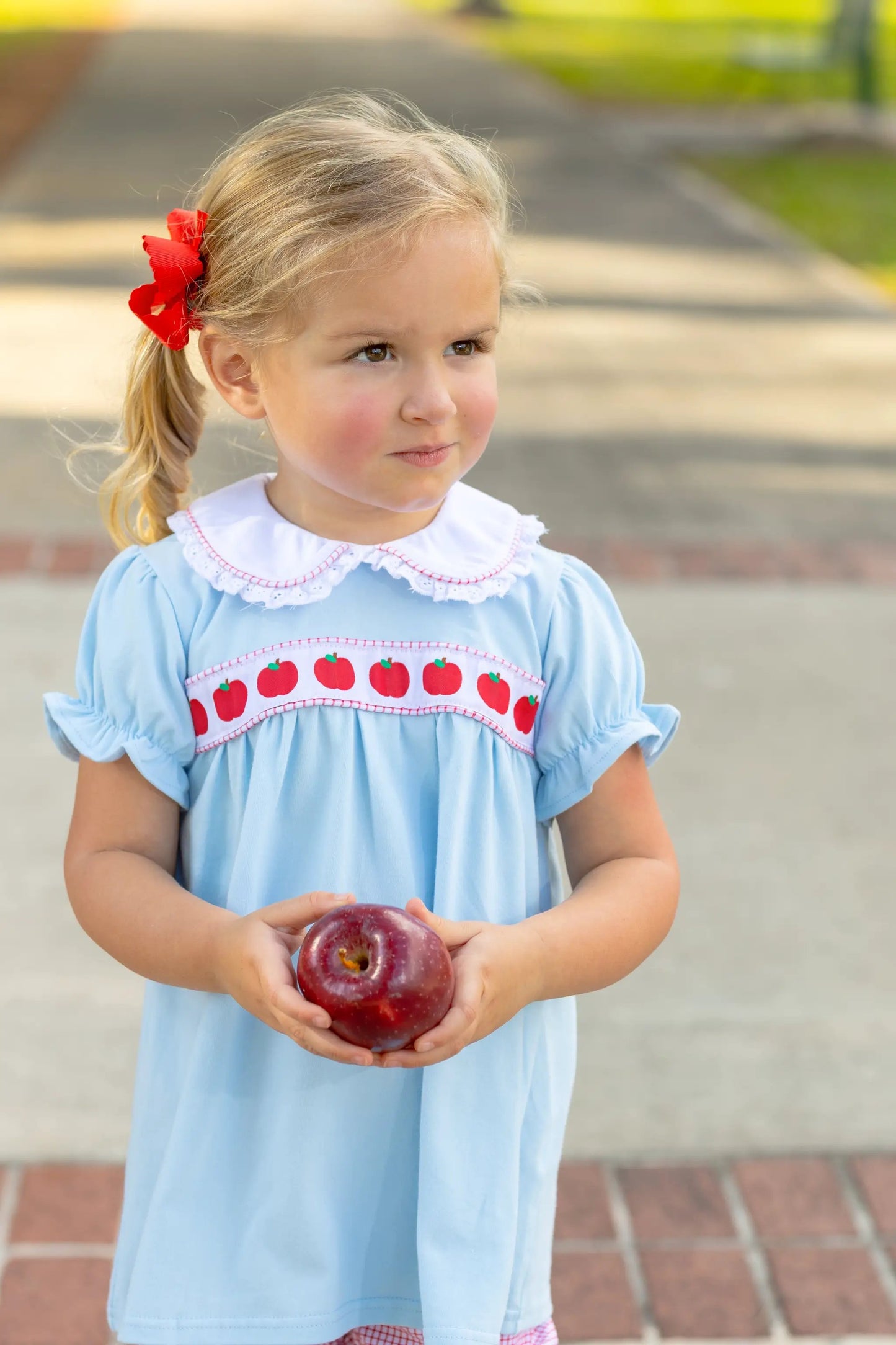 Trotter Street Kids Girls Blue Bloomers Set - Red Apple Ribbon