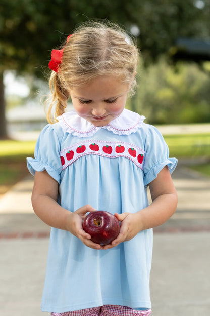 Trotter Street Kids Girls Blue Bloomers Set - Red Apple Ribbon