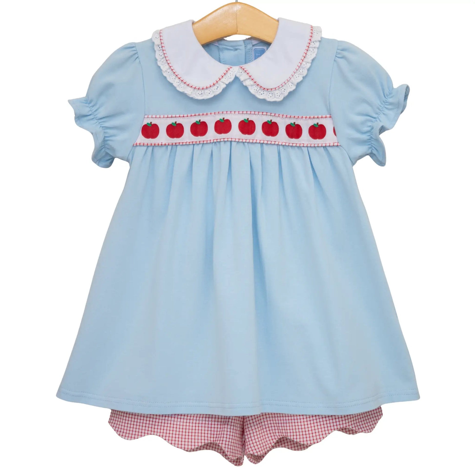 Trotter Street Kids Girls Blue Shorts Set - Red Apple Ribbon