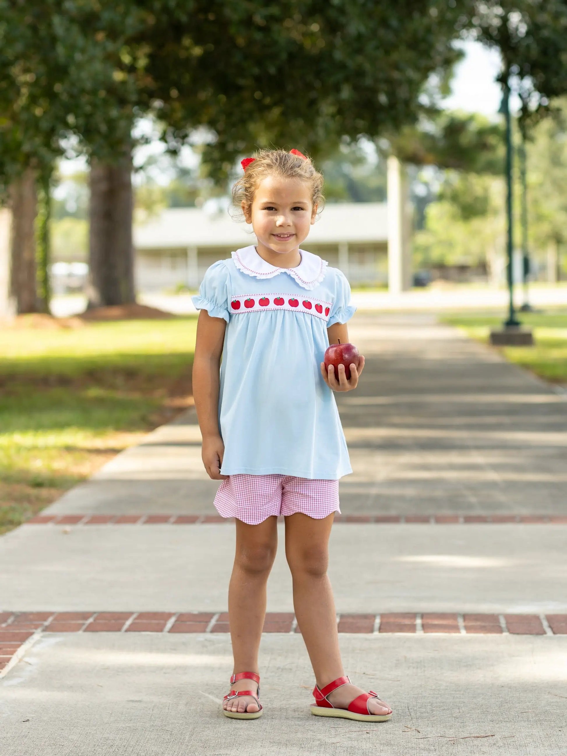 Trotter Street Kids Girls Blue Shorts Set - Red Apple Ribbon
