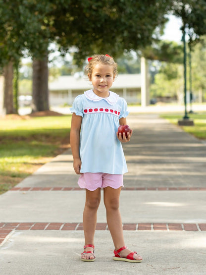 Trotter Street Kids Girls Blue Shorts Set - Red Apple Ribbon