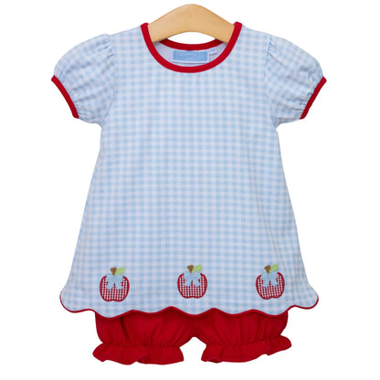 Trotter Street Kids Girls Blue & Red Apple Trio Bloomers Set