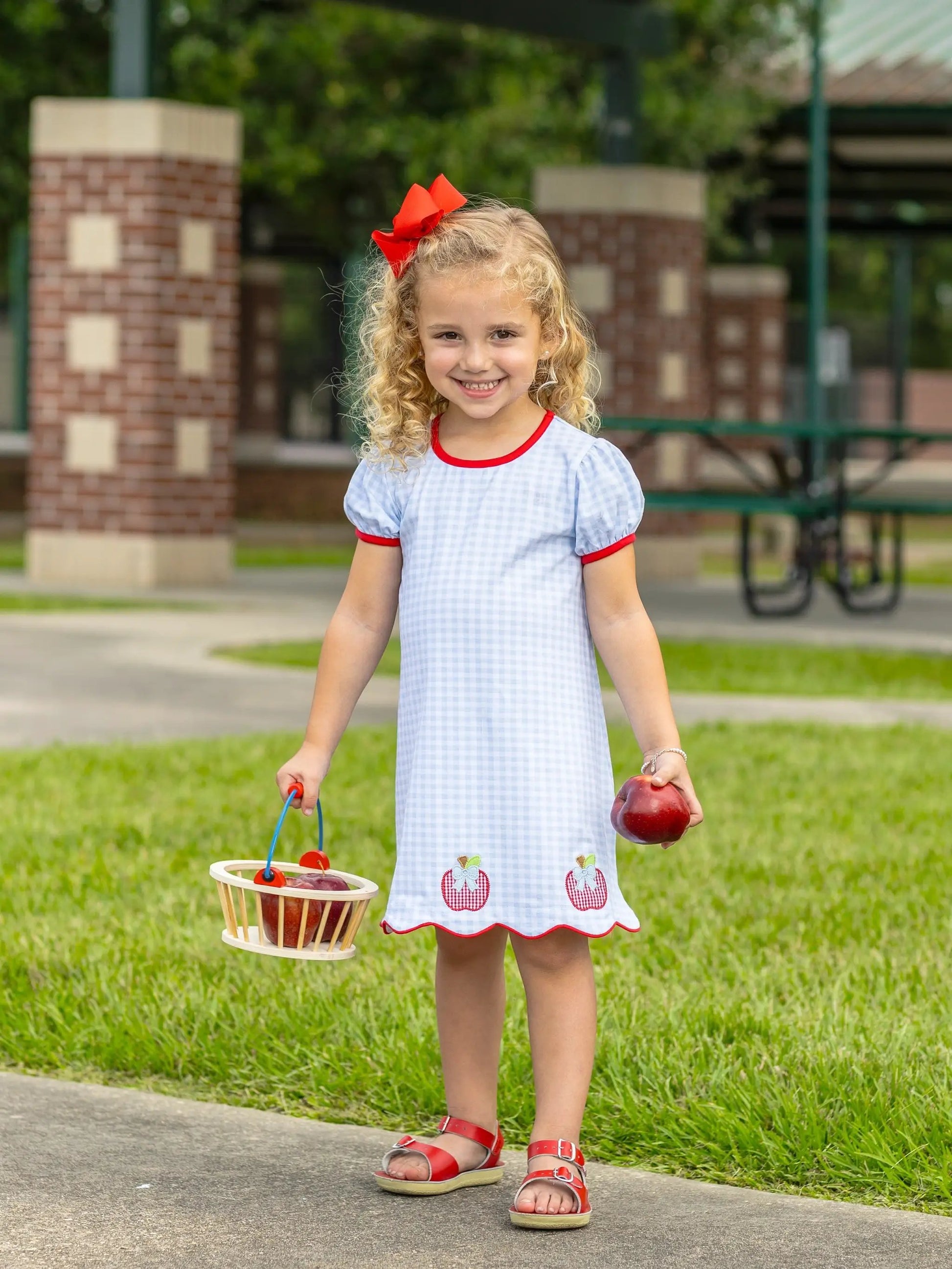 Trotter Street Kids Girls Blue Red Apple Trio School Dress
