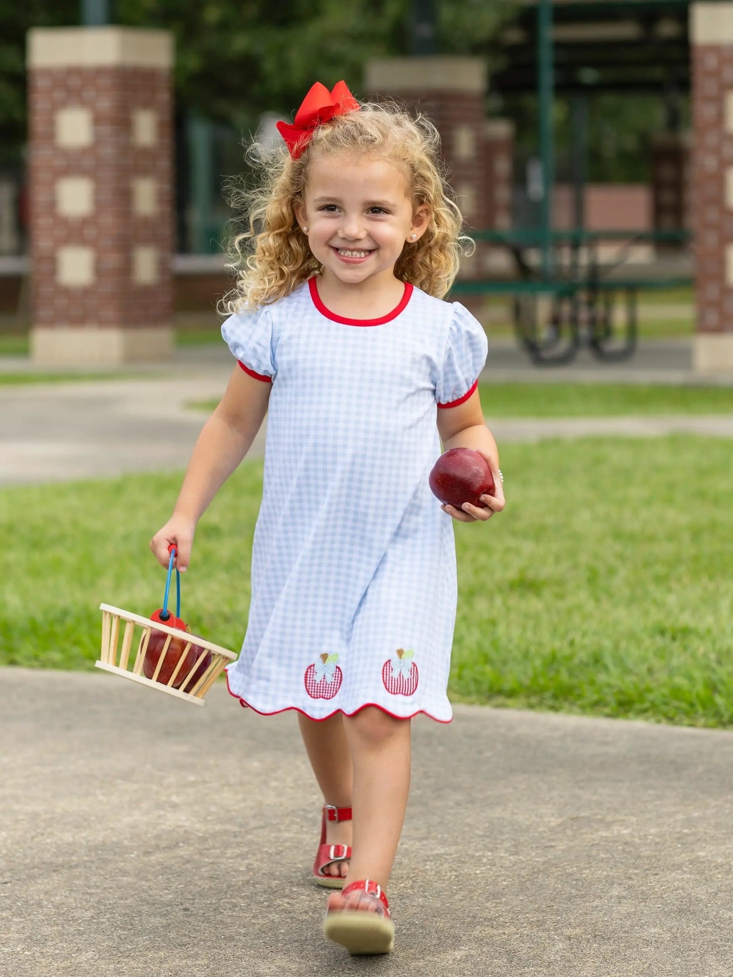 Trotter Street Kids Girls Blue Red Apple Trio School Dress