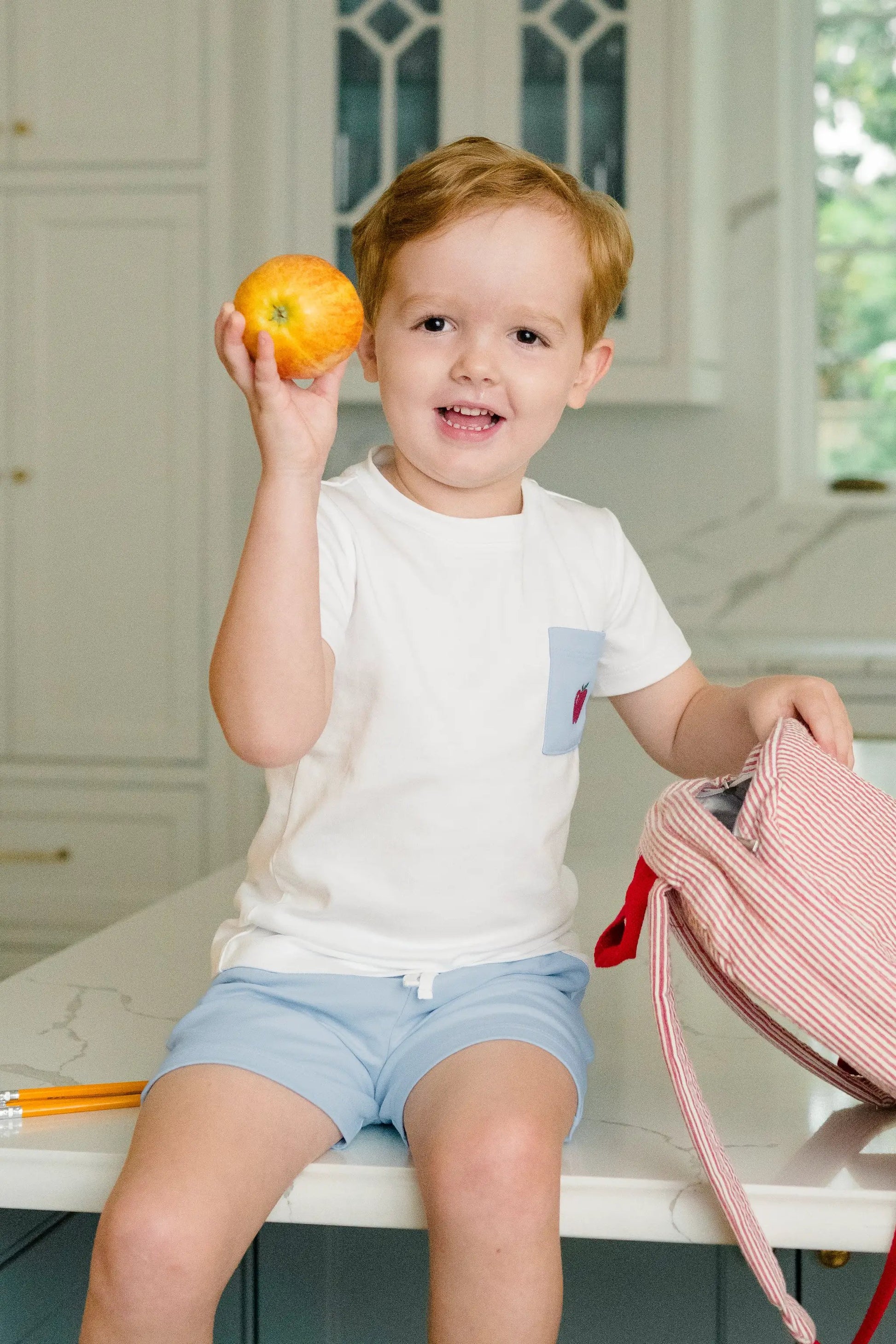 Proper Peony Boys White Pima Tee Shirt - School Apple Pocket