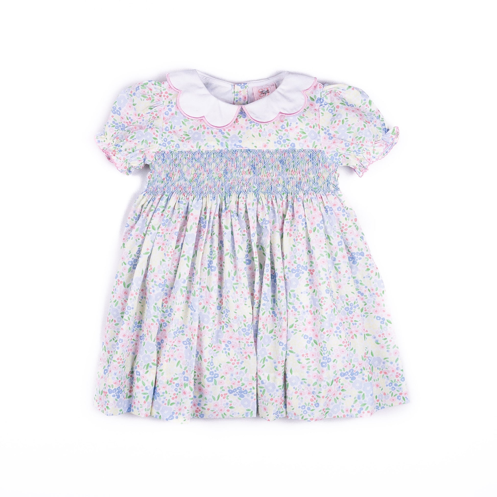Shop Teeta Girls Pink & Blue Ashley Floral Smocked Ava Dress - Scallop Collar