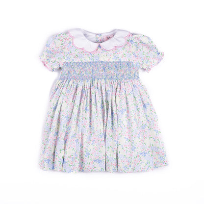 Shop Teeta Girls Pink & Blue Ashley Floral Smocked Ava Dress - Scallop Collar by Shop Teeta
