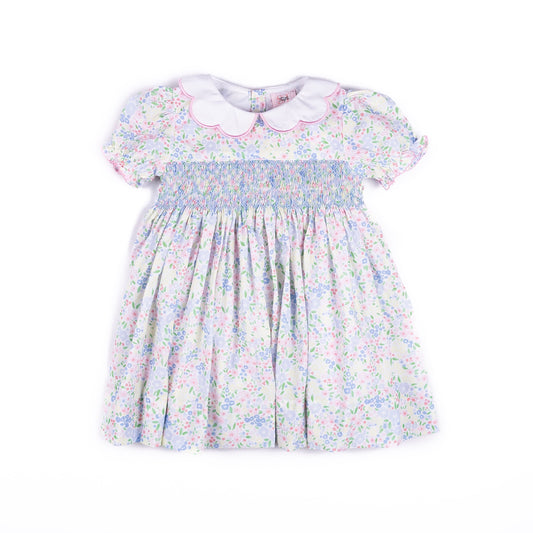 Shop Teeta Girls Pink & Blue Ashley Floral Smocked Ava Dress - Scallop Collar by Shop Teeta