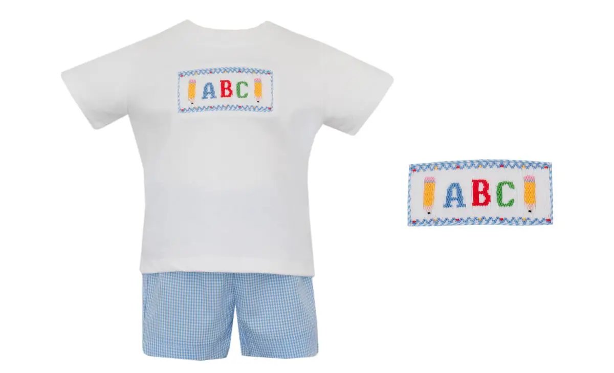 Petit Bebe Boys Periwinkle Blue Gingham Short Set with White Knit ABC Tee Shirt