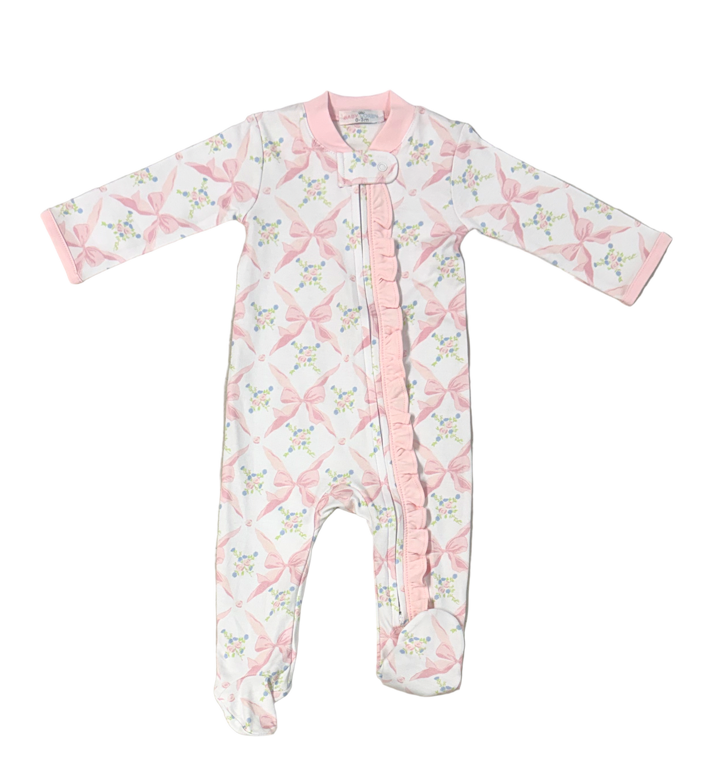 Baby Loren Girls Pink Bows Pima Footie with Zipper by Baby Loren