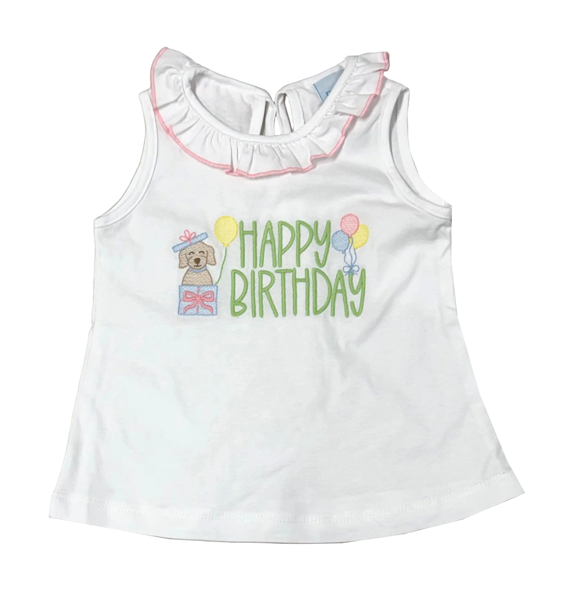 Bailey Boys Girls Ruffle Neck Happy Birthday Top - Dog & Balloons
